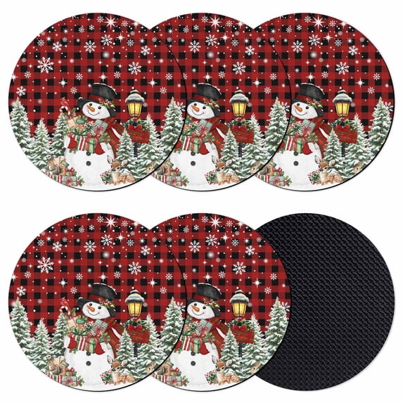 Red Plaid Christmas Coasters Set of 6, Absorbent Coasters for Drinks, Snowman Xmas Snowflake Botanical Tree Coaster for Desk Coffee Table Protection, Home Decor House Warming Gifts 4"