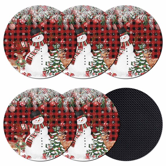 Red Plaid Christmas Coasters Set of 6, Absorbent Coasters for Drinks, Snowman Xmas Tree Ball Elk Snowflake Coaster for Desk Coffee Table Protection, Home Decor House Warming Gifts 4"