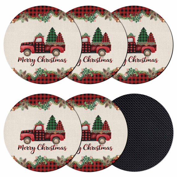 Red Plaid Christmas Coasters Set of 6, Absorbent Coasters for Drinks, Truck Xmas Tree Vintage Winter Rustic Coaster for Desk Coffee Table Protection, Home Decor House Warming Gifts 4"