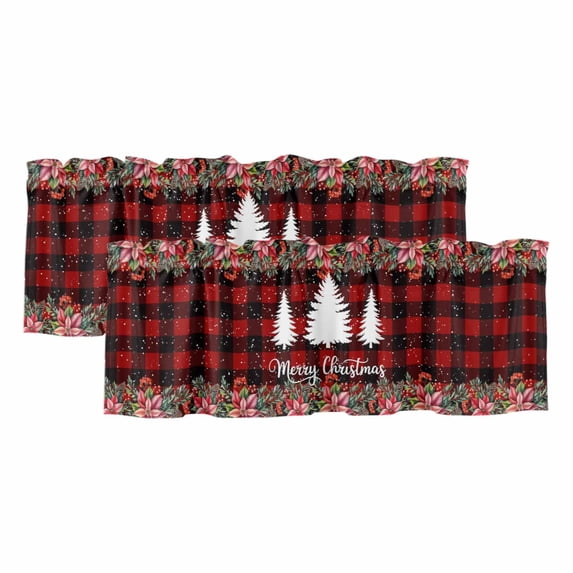 Red Plaid Christmas Curtain Valances for Windows, Kitchen Valance Window Treatments Panel 2 Pack, Xmas Tree Snowflake Poinsettia Rod Pocket Short Curtains for Bathroom Bedroom 42 x 12 Inch