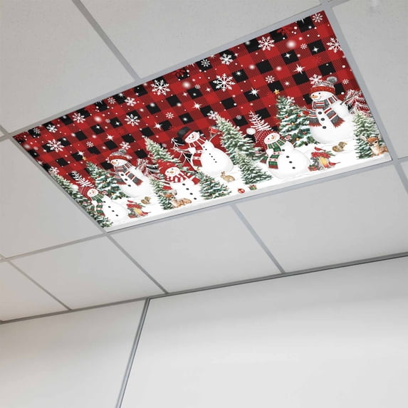 Red Plaid Christmas Fluorescent Light Covers, Snowman Xmas Tree Snowflake Winter Magnetic Light Covers for Ceiling Lights, Fluorescent Ceiling Shade Filters for Classroom Bedroom Office 4x2Ft x 1PCS