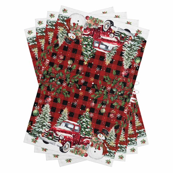 Red Plaid Christmas Kitchen Towels Set of 4, Water Absorbent Dish Towel, Xmas Snowman Truck Snowflake Tree Balls Decorative Hand Towels - Quick Drying Cloth for Cooking Baking, 18x28 Inch