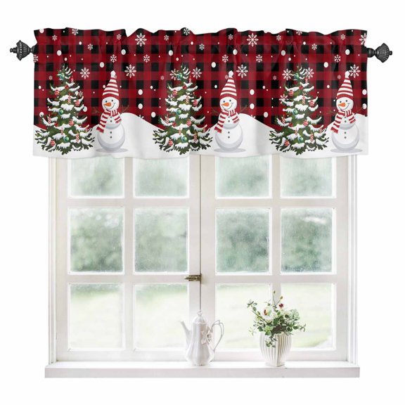 Red Plaid Christmas Kitchen Valances for Windows 42x12 Inch Kitchen Curtains Valances Rod Pocket Snowflake Snowman Xmas Tree Rustic Checkered Bathroom Window Valances for Window Treatment Decor