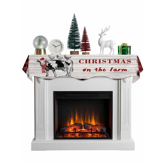 Red Plaid Christmas Mantel Scarf Fireplace Decorations for Living Room, Cow Rooster Xmas Winter Farmhouse Wooden Fireplace Mantel Scarf Cover Runner for Thanksgiving/Christmas Decor 60"x17"