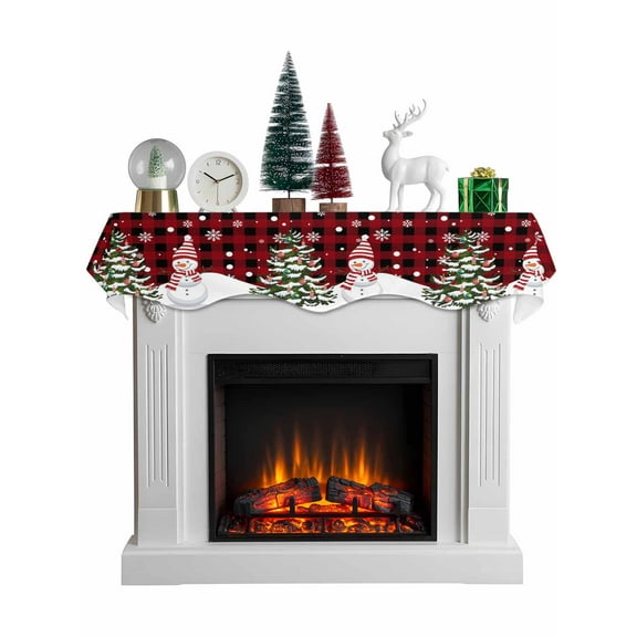 Red Plaid Christmas Mantel Scarf Fireplace Decorations for Living Room, Snowflake Snowman Xmas Tree Rustic Checkered Fireplace Mantel Scarf Cover Runner for Thanksgiving/Christmas Decor 60"x17"