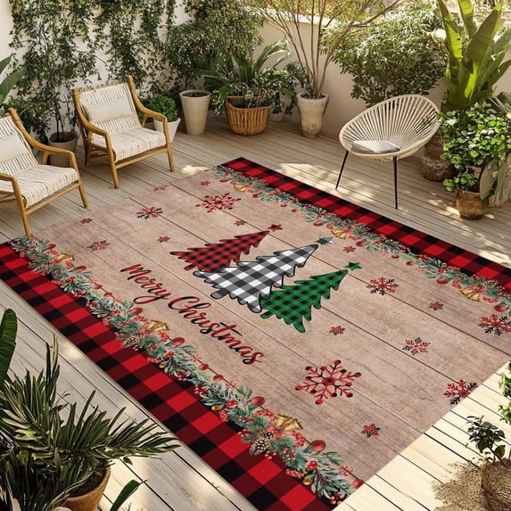Red Plaid Christmas Outdoor Rug for Patio/Deck/Porch, Non-Slip Large Area Rug 5 x 8 Ft, Vintage Xmas Tree Winter Wooden Indoor Outdoor Rugs Washable Area Rugs, Reversible Camping Rug Carpet Runner