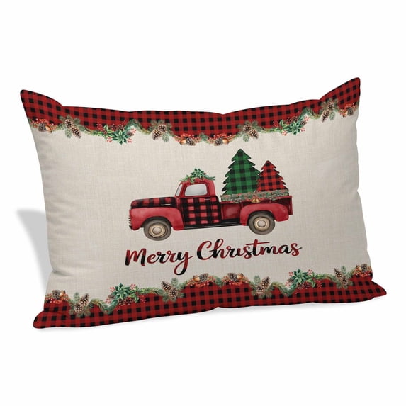 Red Plaid Christmas Pillow Covers, Linen Long Throw Pillow Case, Truck Xmas Tree Vintage Winter Rustic Holiday Pillow Protector Decorative Cushion Cover for Living Room/Bedroom 24" x 36"