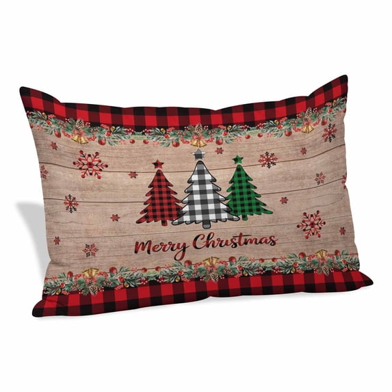 Red Plaid Christmas Pillow Covers, Linen Long Throw Pillow Case, Vintage Xmas Tree Winter Wooden Holiday Pillow Protector Decorative Cushion Cover for Living Room/Bedroom 20" x 26"