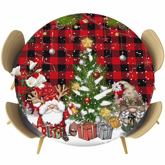 Red Plaid Christmas Round Tablecloth, Fitted Table Cover with Elastic for 36"-44" Round Tables, Gnomes Xmas Tree Snowflake Winter Gifts Table Cloth Outdoor Indoor Dinning Party Waterproof Tablecloths