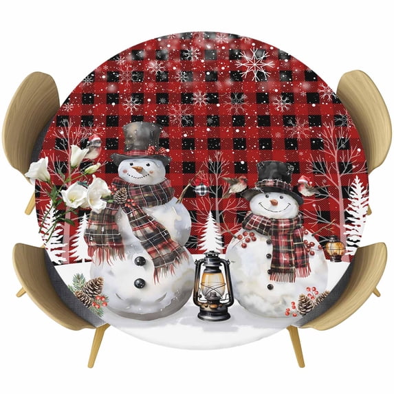 Red Plaid Christmas Round Tablecloth, Fitted Table Cover with Elastic for 36"-44" Round Tables, Snowman Snowflake Winter Birds Table Cloth Outdoor Indoor Dinning Party Waterproof Tablecloths
