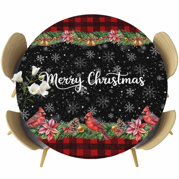 Red Plaid Christmas Round Tablecloth, Fitted Table Cover with Elastic for 45"-54" Round Tables, Xmas Snowflake Botanical Poinsettia Table Cloth Outdoor Indoor Dinning Party Waterproof Tablecloths