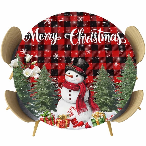 Red Plaid Christmas Round Tablecloth, Fitted Table Cover with Elastic for 45"-54" Round Tables, Xmas Tree Snowflake Winter Gifts Table Cloth Outdoor Indoor Dinning Party Waterproof Tablecloths