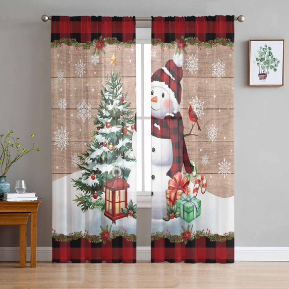 Red Plaid Christmas Semi Sheer Curtains 72 Inch Length 2 Panels Set,Snowman Xmas Tree Snowflake Gifts Wooden Sheer Kitchen Curtain Voile Window Curtain for Living Room Bedroom Rod Pocket Drapes