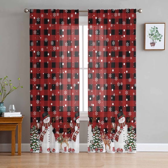 Red Plaid Christmas Semi Sheer Curtains 84 Inch Length 2 Panels Set, Snowman Snowflake Xmas Tree Ball Elk Sheer Kitchen Curtain Privacy Voile Window Curtain for Living Room Bedroom Rod Pocket Drapes