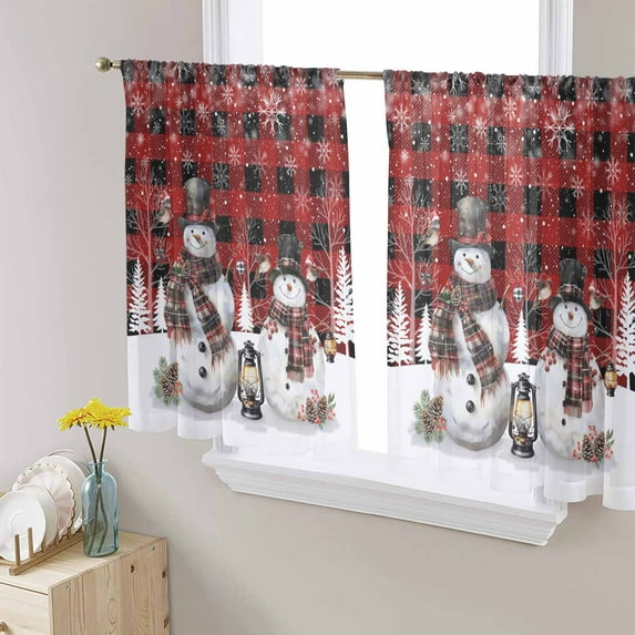 Red Plaid Christmas Sheer Curtains 45 Inches Long, Snowman Snowflake Winter Light Filtering Window Curtains for Living Room/Bedroom, Rod Pocket Voile Sheer Curtain Drapes, 52"W x 45"L, 2 Panels
