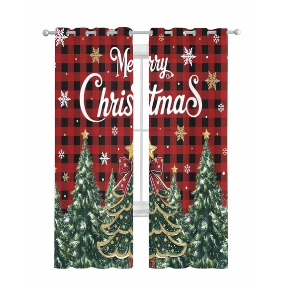 Red Plaid Christmas Sheer Curtains 84 Inch Length 2 Panels Set for Living Room/Bedroom, Xmas Tree Snowflake Checkered Winter Kitchen Curtains Grommet Semi-Sheer Curtains Window Treatments 52"x84"x2