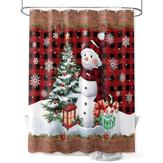 Red Plaid Christmas Shower Curtain Set, Waterproof Shower Curtains for Bathroom, Snowman Xmas Tree Snowflake Gifts Winter Washable Fabric Cloth Bath Curtain for Bathtub with Hooks 60x72 Inches