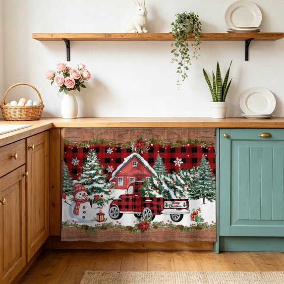 Red Plaid Christmas Sink Skirt 11"Wx13"L,Dustproof Under Sink Curtain with Self Adhesive Tape,Snowman Truck Xmas Tree Snowflake Cabinet Curtain Cover for Bathroom Vanity,Kitchen Cabinet Storage Shelf