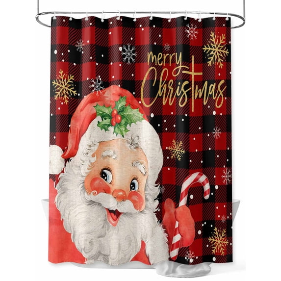 Red Plaid Christmas Small Stall Shower Curtain, Waterproof Shower Curtains for Bathroom, Santa Xmas Snowflake Farmhouse Washable Fabric Cloth Bath Curtain for Bathtub with Hooks 36x78 Inches
