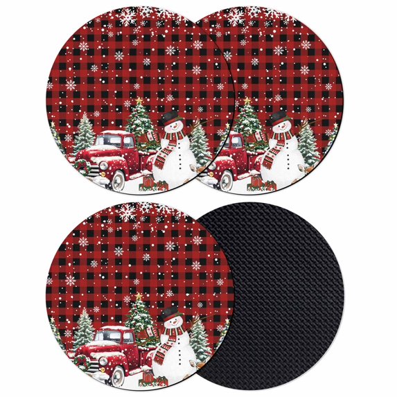 Red Plaid Christmas Snowman Coasters Set of 4, Absorbent Coasters for Drinks, Xmas Truck Tree Snowflake Coaster for Desk Coffee Table Protection, Home Decor House Warming Gifts 4"