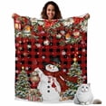 thumbnail image 1 of Red Plaid Christmas Snowman Flannel Blanket for Bed,Travel and Camping, Xmas Tree Poinsettia Balls Super Soft Cozy Blanket for All Seasons 40"x60", 1 of 9