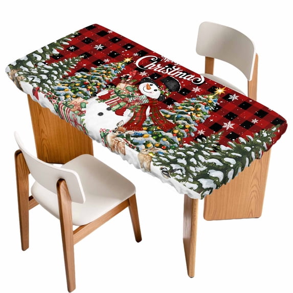 Red Plaid Christmas Snowman Table Cloths for 3 Foot Rectangle Tables, Xmas Tree Snowflake Botanical Patio Waterproof Elastic Fitted Tablecloths, Washable Rectangular Table Cover for Camping