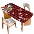 thumbnail image 1 of Red Plaid Christmas Snowman Table Cloths for 4 Foot Rectangle Tables, Xmas Botanical Birds Snowflake Patio Waterproof Elastic Fitted Tablecloths, Washable Rectangular Table Cover for Camping, 1 of 8