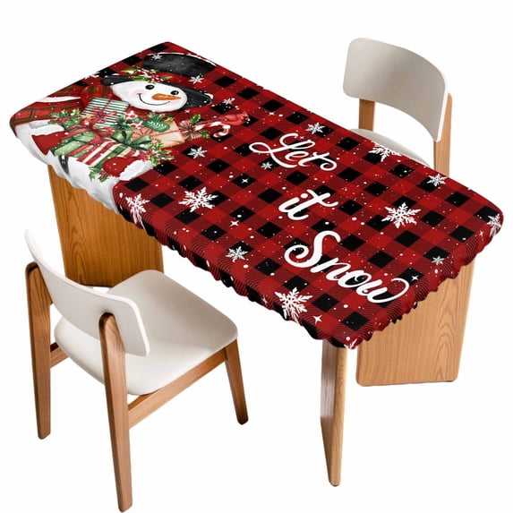 Red Plaid Christmas Snowman Table Cloths for 4 Foot Rectangle Tables, Xmas Botanical Birds Snowflake Patio Waterproof Elastic Fitted Tablecloths, Washable Rectangular Table Cover for Camping