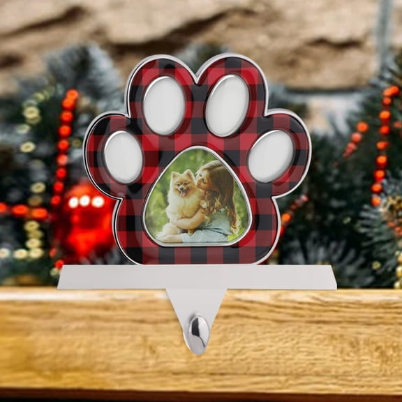 Red Plaid Christmas Stocking Holder, Dog Paw Photo Frame Stocking Hanger