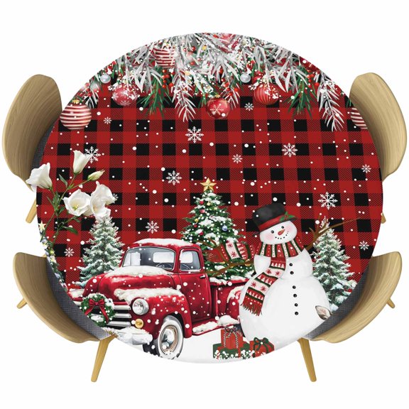Red Plaid Christmas Table Cloth, Round Fitted Tablecloths with Elastic Edge, Snowman Xmas Truck Balls Tree Wipeable Waterproof Table Cover for Kitchen Wedding 36-44 Inches