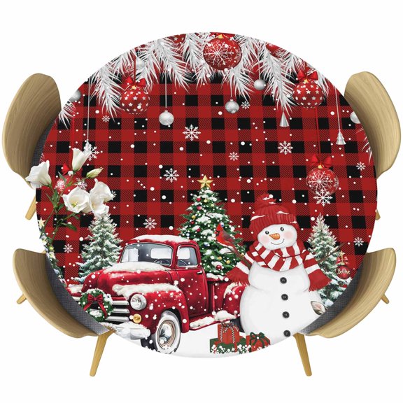 Red Plaid Christmas Table Cloth, Round Fitted Tablecloths with Elastic Edge, Xmas Snowman Truck Tree Balls Wipeable Waterproof Table Cover for Kitchen Wedding 36-44 Inches