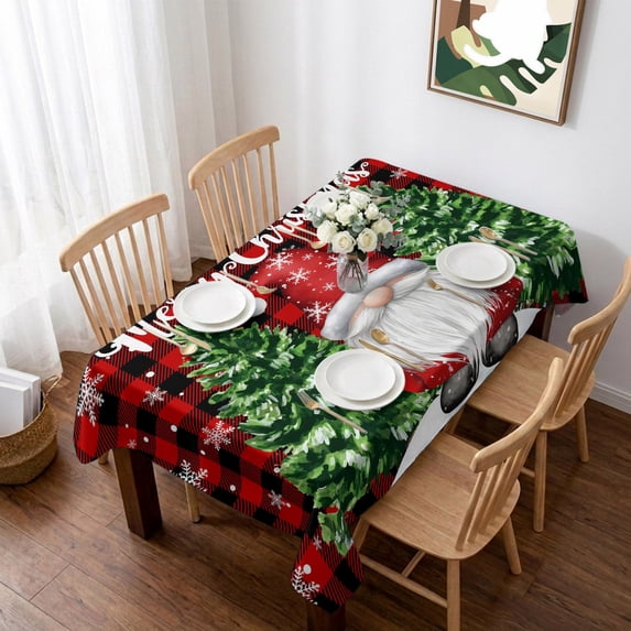 Red Plaid Christmas Table Cloth Waterproof Tablecloths, Gnomes Xmas Tree Snowflake Winter Tablecloth Dining Table Cover for Kitchen Party Tabletop Outdoor, Rectangle Tablecloth 60x102 Inch