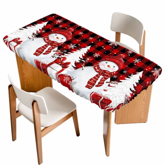 Red Plaid Christmas Table Cloths for 3 Foot Rectangle Tables, Snowman Gifts Xmas Tree Winter Snowflake Patio Waterproof Elastic Fitted Tablecloths, Washable Rectangular Table Cover for Camping