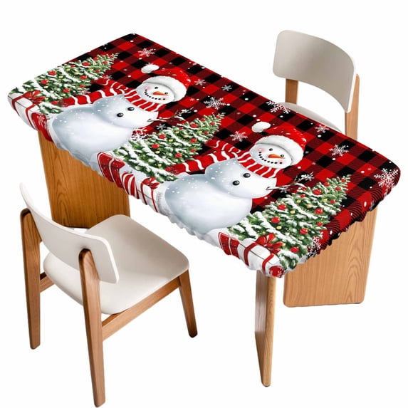 Red Plaid Christmas Table Cloths for 3 Foot Rectangle Tables, Snowman Snowflake Gifts Xmas Tree Patio Waterproof Elastic Fitted Tablecloths, Washable Rectangular Table Cover for Camping
