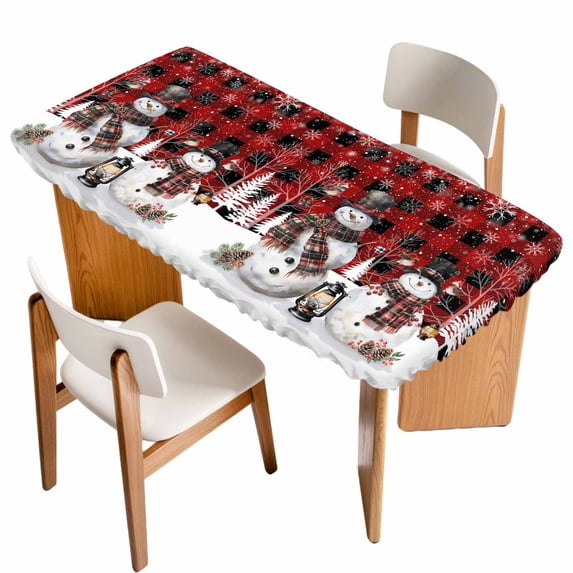 Red Plaid Christmas Table Cloths for 3 Foot Rectangle Tables, Snowman Snowflake Winter Birds Patio Waterproof Elastic Fitted Tablecloths, Washable Rectangular Table Cover for Camping