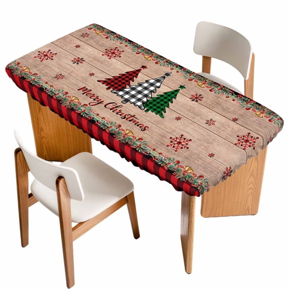Red Plaid Christmas Table Cloths for 3 Foot Rectangle Tables, Vintage Xmas Tree Winter Wooden Patio Waterproof Elastic Fitted Tablecloths, Washable Rectangular Table Cover for Camping