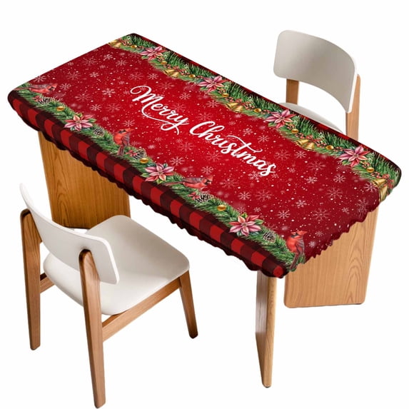Red Plaid Christmas Table Cloths for 3 Foot Rectangle Tables, Xmas Snowflake Poinsettia Botanical Patio Waterproof Elastic Fitted Tablecloths, Washable Rectangular Table Cover for Camping