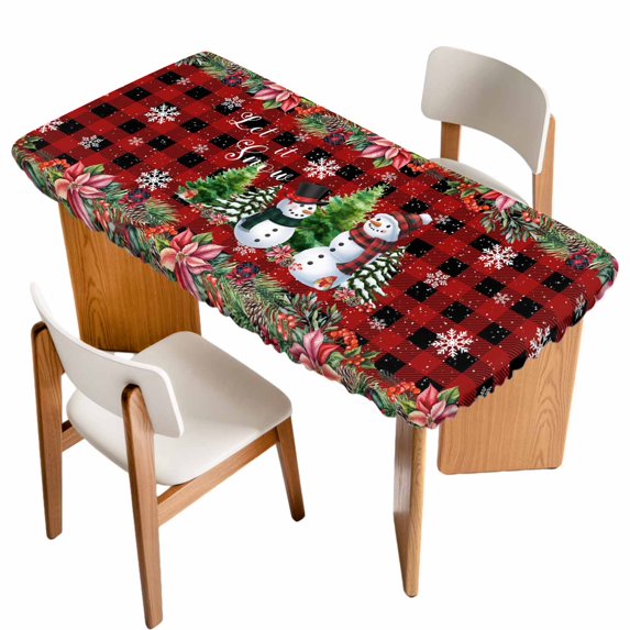 Red Plaid Christmas Table Cloths for 5 Foot Rectangle Tables, Snowman Snowflake Xmas Tree Winter Patio Waterproof Elastic Fitted Tablecloths, Washable Rectangular Table Cover for Camping