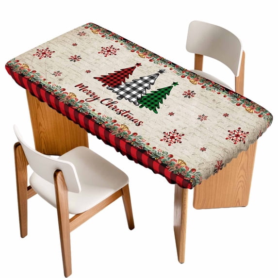 Red Plaid Christmas Table Cloths for 5 Foot Rectangle Tables, Vintage Xmas Tree Winter Patio Waterproof Elastic Fitted Tablecloths, Washable Rectangular Table Cover for Camping