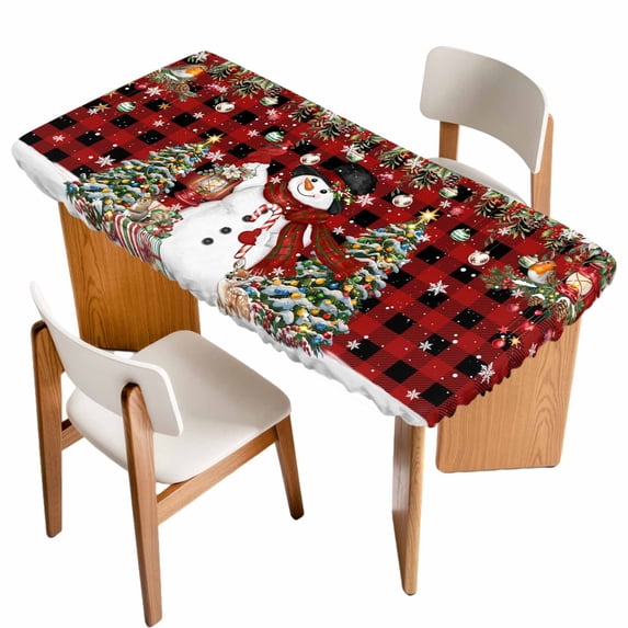 Red Plaid Christmas Table Cloths for 6 Foot Rectangle Tables, Snowman Xmas Tree Ball Snowflake Winter Patio Waterproof Elastic Fitted Tablecloths, Washable Rectangular Table Cover for Camping