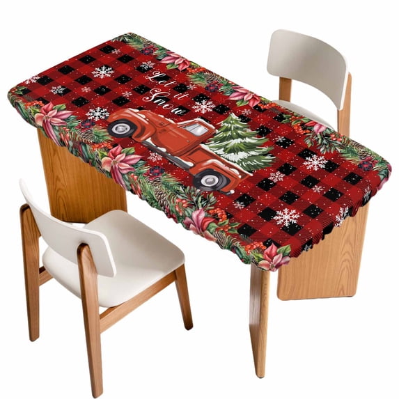 Red Plaid Christmas Table Cloths for 6 Foot Rectangle Tables, Truck Xmas Tree Snowflake Winter Poinsettia Patio Waterproof Elastic Fitted Tablecloths, Washable Rectangular Table Cover for Camping