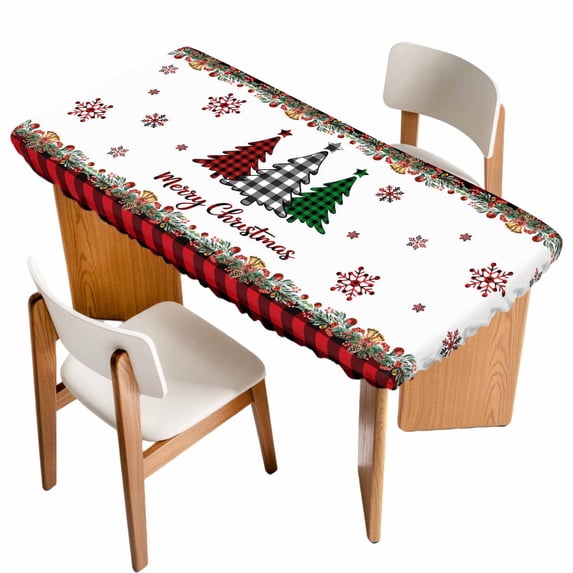 Red Plaid Christmas Table Cloths for 6 Foot Rectangle Tables, Vintage Xmas Tree Winter Farmhouse Patio Waterproof Elastic Fitted Tablecloths, Washable Rectangular Table Cover for Camping