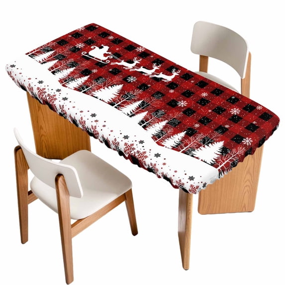 Red Plaid Christmas Table Cloths for 6 Foot Rectangle Tables, Xmas Elk Tree Snowflake Forest Patio Waterproof Elastic Fitted Tablecloths, Washable Rectangular Table Cover for Camping