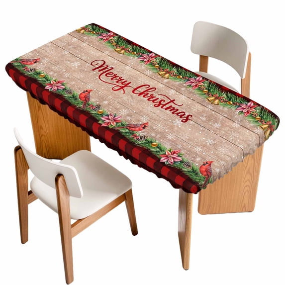 Red Plaid Christmas Table Cloths for 6 Foot Rectangle Tables, Xmas Snowflake Botanical Poinsettia Wooden Patio Waterproof Elastic Fitted Tablecloths, Washable Rectangular Table Cover for Camping