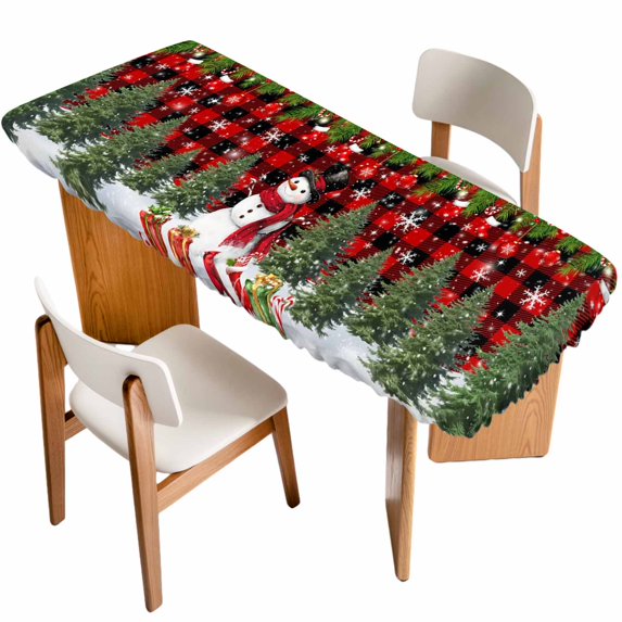 Red Plaid Christmas Table Cloths for 8 Foot Rectangle Tables, Xmas Tree Ball Snowflake Winter Gifts Patio Waterproof Elastic Fitted Tablecloths, Washable Rectangular Table Cover for Camping