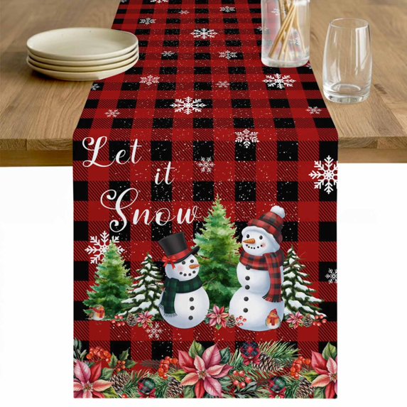 Red Plaid Christmas Table Runner 60 Inches Long Farmhouse Dress Scarves, Snowman Snowflake Xmas Tree Winter Dining Tablerunner for Coffee Table/Kitchen Island/Party Décor, 13" x 60"