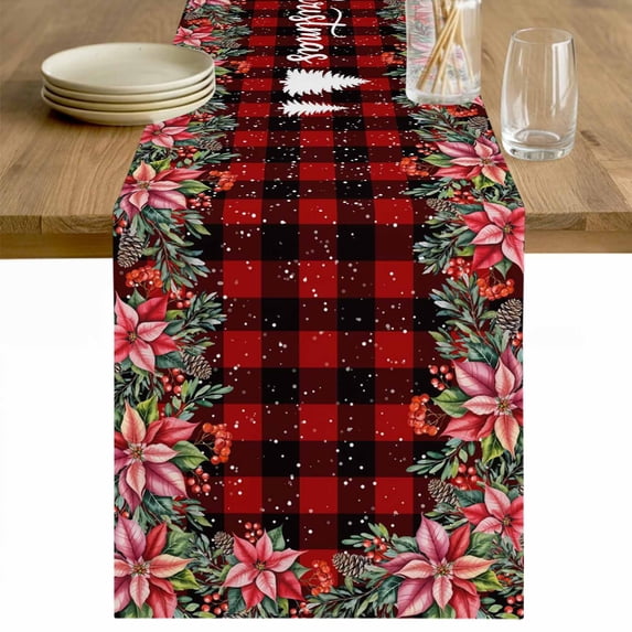 Red Plaid Christmas Table Runner 60 Inches Long Farmhouse Dress Scarves, Xmas Tree Snowflake Poinsettia Dining Tablerunner for Coffee Table/Kitchen Island/Party Décor, 13" x 60"