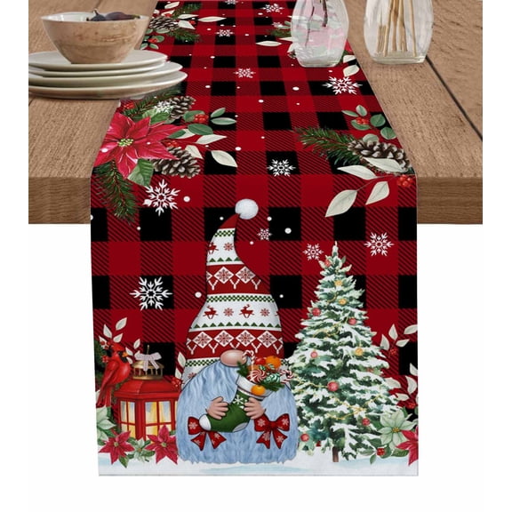 Red Plaid Christmas Table Runner 60 Inches, Xmas Tree Gnomes Poinsettia Snowflake Bed Runner Dresser Scarves Tabletop for Indoor Outdoor Parties/Ceremony/Banquet, 13" x 60"