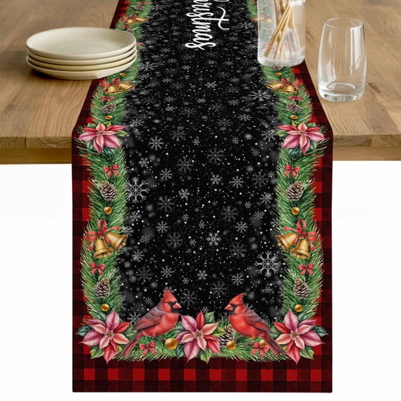 Red Plaid Christmas Table Runner 70 Inches Long Farmhouse Dress Scarves, Xmas Snowflake Botanical Poinsettia Dining Tablerunner for Coffee Table/Kitchen Island/Party Décor, 13" x 70"