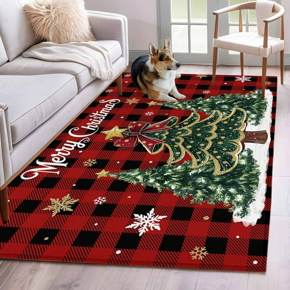 Red Plaid Christmas Tree Area Rugs 2.7'x5', Washable Small Throw Rugs for Kitchen Bedroom, Snowflake Tree Xmas Indoor Outdoor Rug Non-Slip Low Pile Carpet Runner Reversible Floor Mats